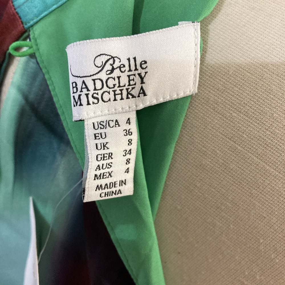 Belle Badgley Mischka Hadley Dress Sz 4 New Green Colorful Satin A Line Read - Picture 3 of 12